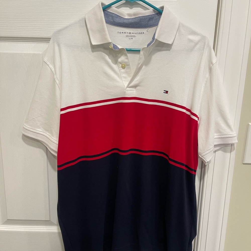 Tommy Hilfiger Regular Fit Colorblock Polo in white, red, and navy blue